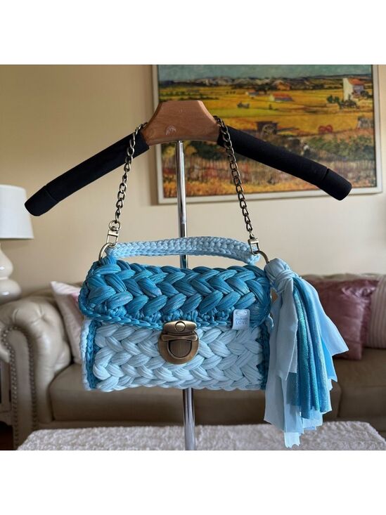 Handmade Handbags - Handmade shirt yarn crochet Blue Chain Shoulder Bag